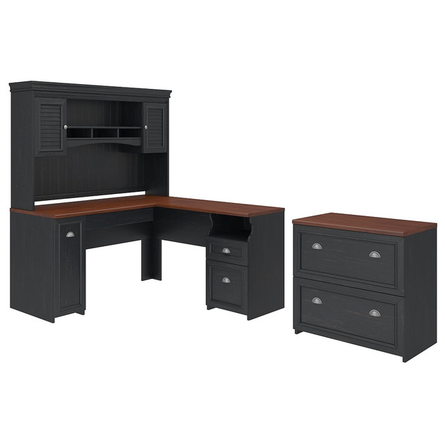 BUSH INDUSTRIES INC. FVW001 Bush Business Furniture Fairview 60inW L-Shaped Corner Desk With Hutch And Lateral File Cabinet, Antique Black/Hansen Cherry, Standard Delivery BUSH INDUSTRIES INC. FVW001 Bush Business Furniture Fairview 60inW L-Shaped Corner Desk With Hutch And Lateral File Cabinet, Antique Black/Hansen Cherry, Standard Delivery