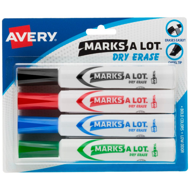 AVERY PRODUCTS CORPORATION 24409 Avery Marks A Lot Dry Erase Markers, Chisel Tip, Desk-Style, Assorted Colors, Pack Of 4 Markers AVERY PRODUCTS CORPORATION 24409 Avery Marks A Lot Dry Erase Markers, Chisel Tip, Desk-Style, Assorted Colors, Pack Of 4 Markers