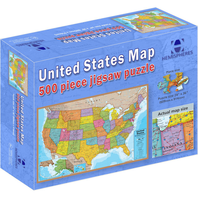 Help children learn about American geography with the Hemispheres USA 500-Piece Puzzle. This puzzle features details of each of the states and comes with a sturdy box to keep it safely stored.  500 pieces offer beautiful details of the states.  Designed for ages 8 and up.  Sturdy box makes storage easy.