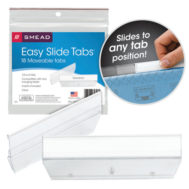 SMEAD MFG CO 64626 Smead Easy Slide Tabs, 3 1/2in x 1/2in, Clear, Pack Of 18