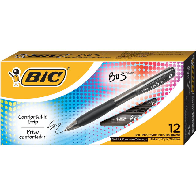 BIC CORP BU311-BLK BIC BU3 Grip Retractable Ballpoint Pens, Medium Point, 1.0 mm, Clear Barrel, Black Ink, Pack Of 12 BIC CORP BU311-BLK BIC BU3 Grip Retractable Ballpoint Pens, Medium Point, 1.0 mm, Clear Barrel, Black Ink, Pack Of 12