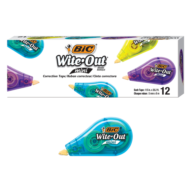 Everyone makes mistakes, but with the help of the BIC Wite Out Mini Correction Tape, fixing them is easy. This dispenser is translucent, helping you see how much correction tape you have left. Similar to correction pens, this white out tape is great for schools or offices.  Applies dry for instant corrections.  Translucent dispenser to see how much remains.  Each dispenser offers 26.2ft of tape.  One 12-count pack of BIC Wite-Out Brand Mini Correction Tape, a tape that comes in a tape dispenser compact enough to fit in any bag  Instantly write or type your corrections with this white correction tape, which requires no dry time and won"t bleed or drip  The convenient size allows hands small and large to make quick and accurate corrections  Each tape dispenser contains 16.4 feet of white correction tape to offer a long-lasting option for school or office supplies  Suitable for righties and lefties, these BIC Wite-Out Brand tapes offer a wide variety of use amongst students and employees for their documents and assignments