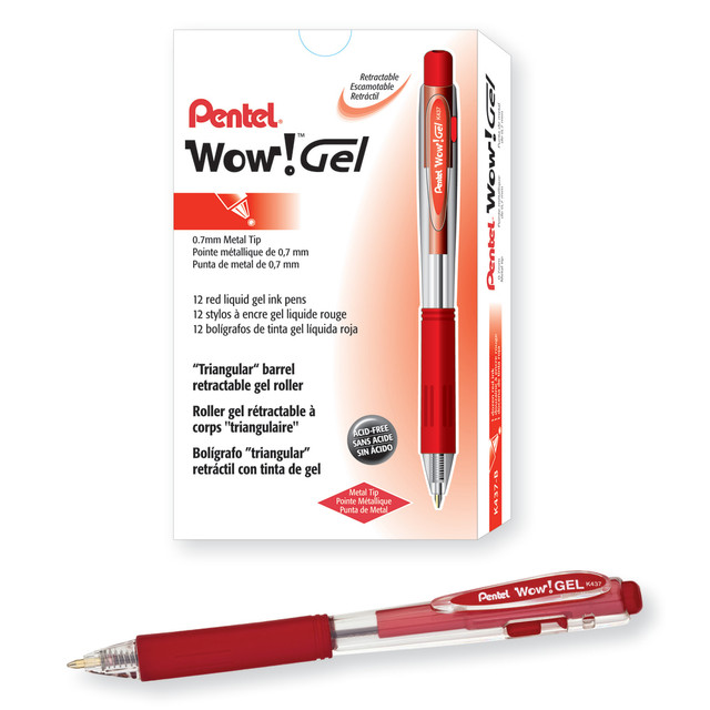 PENTEL OF AMERICA, LTD. K437-B Pentel Wow! Retractable Gel Roller Pens, Medium Point, 0.7 mm, Clear Barrel, Red Ink, Pack Of 12 PENTEL OF AMERICA, LTD. K437-B Pentel Wow! Retractable Gel Roller Pens, Medium Point, 0.7 mm, Clear Barrel, Red Ink, Pack Of 12