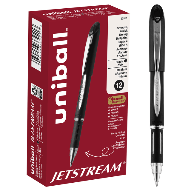 JETSTREAM pens feature hybrid ink that delivers the smoothness and vibrancy of a gel pen without sacrificing the quick-drying speed of a ballpoint  1.0mm medium point delivers a rich pigmented color for excellent readability  uni Super Ink technology forms a strong bond with the paper, producing fraud, fade and water-resistant documents  Quick-drying ink resists smudges and smears, making this pen useful for left-handed writers  Features a modern design with stainless steel accents and an embossed grip  Comes in a pack of 12 bold-point pens with black ink.  Features a 1.0 mm tip.  Refillable - designed to be used repeatedly, helping you avoid single-use disposables and potentially save money.