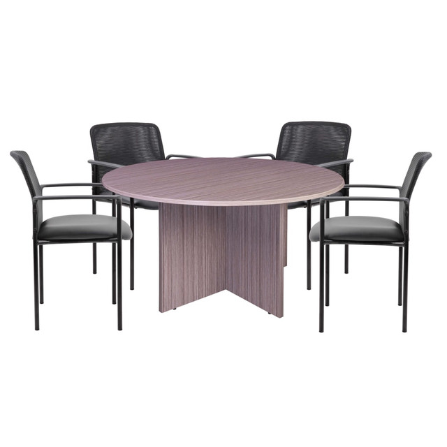 NORSTAR OFFICE PRODUCTS INC. GROUP123DW-C Boss Office Products 47in Round Table And Stackable Mesh Chairs Set, Driftwood/Black NORSTAR OFFICE PRODUCTS INC. GROUP123DW-C Boss Office Products 47in Round Table And Stackable Mesh Chairs Set, Driftwood/Black
