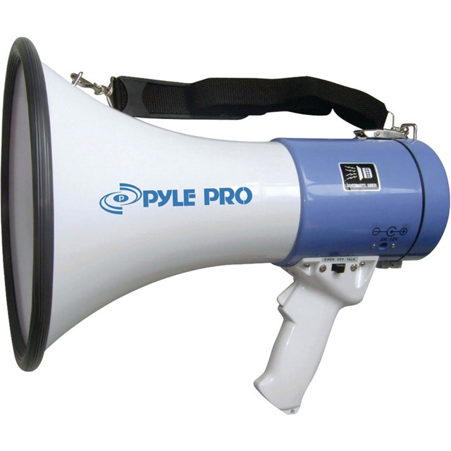 Ensure your voice is heard with the Pyle Professional Piezo 50W Dynamic Megaphone. This megaphone offers a projection range up to 1 mile for important announcements.  Offers 50W of power.  Projection range up to 1 mile.  Powerful piezo driver and large bell diameter.  Boasts 2 modes: talk and siren.  Variable volume control for ease of use.  Ergonomic pistol grip and lightweight chassis offer ease of use.  Supports indoor and outdoor use.  Requires 8 C batteries.  Backed by the manufacturers 1-year limited warranty.