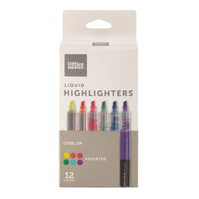 OFFICE DEPOT AH601-12-ASST  Brand Liquid Ink Highlighters With Chisel Tips, Assorted Colors, Pack Of 12