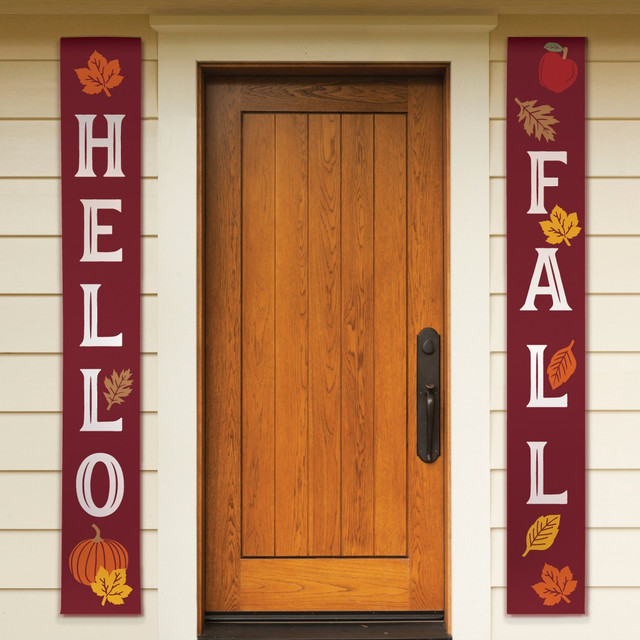 AMSCAN 671393  Hello Fall Hanging Canvas Flag Decorations, 74in x 13-1/2in, Multicolor, Pack Of 2 Flags