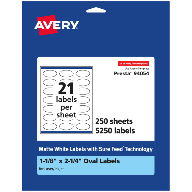 AVERY PRODUCTS CORPORATION 94054-WMP250 Avery Permanent Labels With Sure Feed, 94054-WMP250, Oval, 1-1/8in x 2-1/4in, White, Pack Of 5,250 AVERY PRODUCTS CORPORATION 94054-WMP250 Avery Permanent Labels With Sure Feed, 94054-WMP250, Oval, 1-1/8in x 2-1/4in, White, Pack Of 5,250