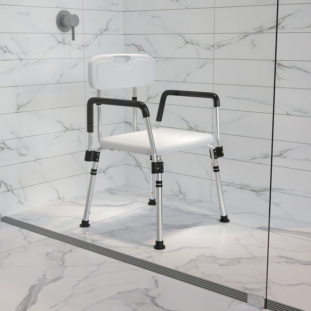 FLASH FURNITURE DCHY3523LWH  Hercules Adjustable Bath And Shower Chair With Quick-Release Back And Arms, 34-3/4inH x 20-3/4inW x 19-3/4inD, White