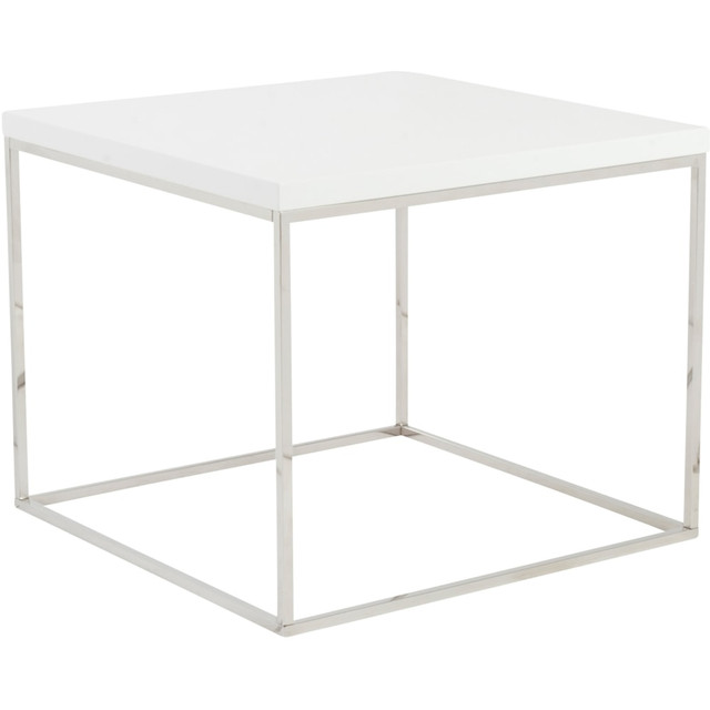 EURO STYLE, INC. Eurostyle 09802WHT  Teresa Square Side Table, 19-1/2inH x 23-1/2inW x 23-1/2inD, Polished Steel/High Gloss White