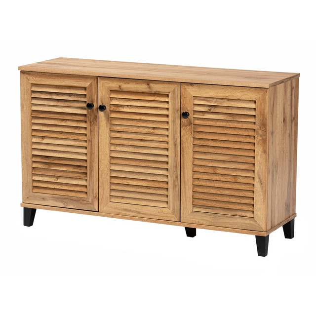 WHOLESALE INTERIORS, INC. 2721-11927 Baxton Studio Coolidge 45inW 3-Door Shoe Storage Cabinet, Oak Brown WHOLESALE INTERIORS, INC. 2721-11927 Baxton Studio Coolidge 45inW 3-Door Shoe Storage Cabinet, Oak Brown
