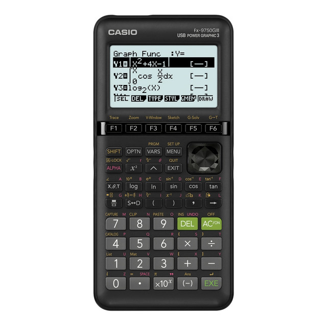 Make accurate calculations using the Casio fx-9750GIII USB Power Graphic 3 Graphing Calculator. Its ideal for pre-algebra, algebra I & II, geometry, trigonometry, AP calculus, AP statistics, biology, physics, business and finance applications.  21-character, 8-line, dot-matrix display clearly presents your calculations and results.  62KB memory for fast computing.  Icon menu and soft menu provide easy access to advanced functions.  Calculate values for given independent/dependent values.  Graph rectangular, polar and parametric functions and inequalities, perform graphical analysis and enjoy streamlined solving for intercepts and intersections.  Create tables of values from given functions and generate plots and graphs from tables.  Compute statistics regressions and graphical displays and complex number calculations.  Prior-entry recall and interactive equation solver aid in activities.  Order of operation and math input/output is user selectable.  Installed with Python Programming Language.  Powered by 4 AAA batteries (included).  Backed by the manufacturers 1-year limited warranty.
