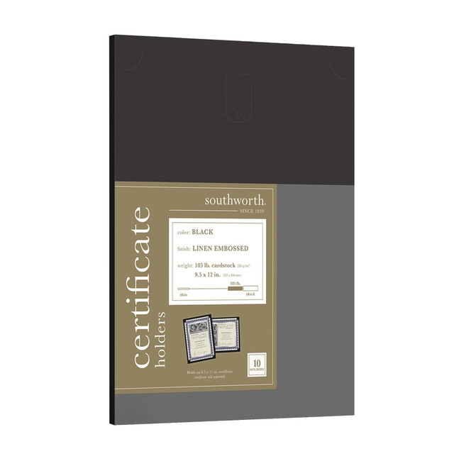 Life Is Noteworthy. Present and display paper awards with these Southworth Black Certificate Holders. The 105-pound paper weight cardstock provides a stable background for your paper award, and the curved die-cut corners hold the certificate securely in place. This pack of 10 Southworth Certificate Holders lets you hand out awards to multiple individuals.  Certificate holders are perfect for presenting and protecting awards  Paper weight: 105 lbs.  Certificate Holder Size: 9.5in x 12in  Each box contains 10 Certificate Holders  Printer compatibility: laser, inkjet, copier  Acid- and lignin-free  Certified by the Forest Stewardship Council (FSC)