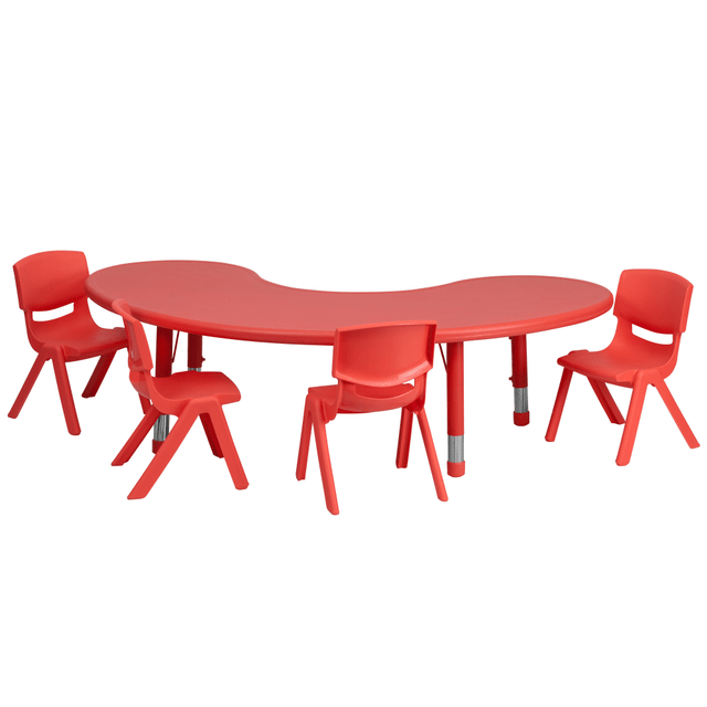 Interact with and instruct your students at this Flash Furniture Half-Moon Activity Table Set. The half-moon-shaped table provides a cutout where a teacher can sit, while young students sit on the other side of the 1-1/2in-thick textured tabletop. Little learners can enjoy a comfortable seat in the contoured plastic chairs, and you can adjust the height of the table to suit your students. Plus, the rounded corners offer added safety in your daycare, preschool, church or playroom.  Plastic construction.  1-1/2in-thick textured top with safety rounded corners.  Steel legs adjust in height in 1in increments.  Half-moon-shaped table design.  Chairs are crafted with a contoured polypropylene shell.  10-1/2in seat height.  Weight capacity tested to support 220 lb (table) and 154 lb (chair).  Assembly required.  This product is heavy and/or oversized and may need more than one person to handle.