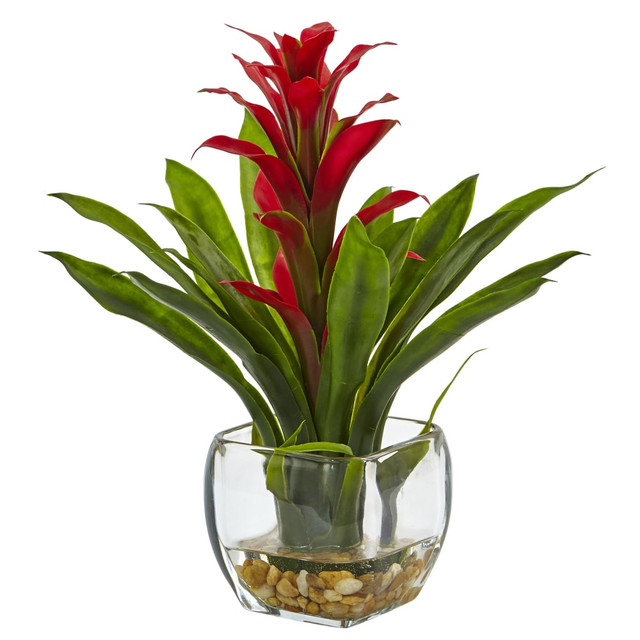 NEARLY NATURAL INC. 6897-RD Nearly Natural 12inH Bromeliad Arrangement With Glass Vase, Red