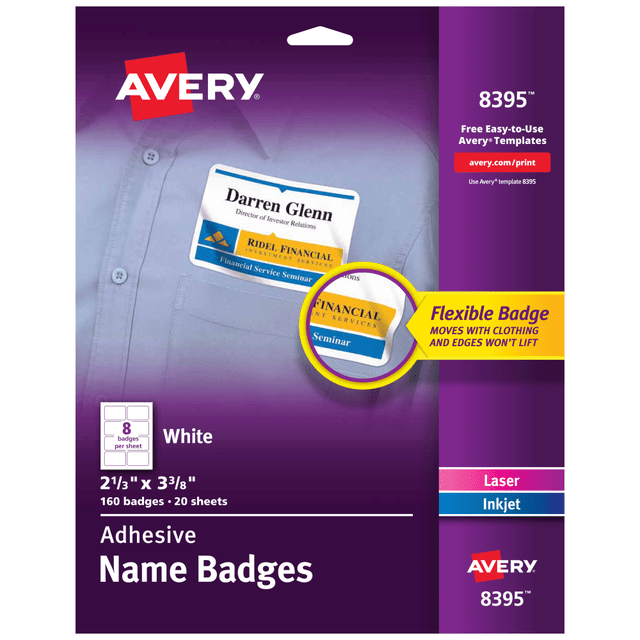 AVERY PRODUCTS CORPORATION Avery 8395  Flexible Name Badge Labels, 2 1/3in x 3 3/8in, White, Box Of 160