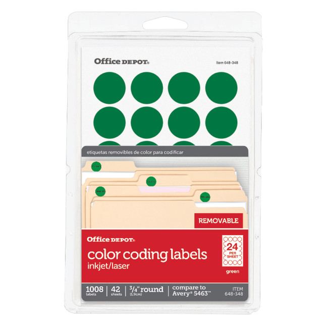 OFFICE DEPOT 3585401836 Brand Removable Round Color-Coding Labels, 3585401836, 3/4in Diameter, Green, Pack Of 1,008 OFFICE DEPOT 3585401836 Brand Removable Round Color-Coding Labels, 3585401836, 3/4in Diameter, Green, Pack Of 1,008