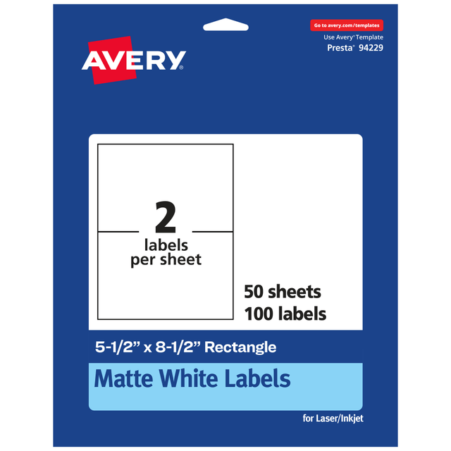 AVERY PRODUCTS CORPORATION 94229-WMP50 Avery Permanent Labels, 94229-WMP50, Rectangle, 5-1/2in x 8-1/2in, White, Pack Of 100 AVERY PRODUCTS CORPORATION 94229-WMP50 Avery Permanent Labels, 94229-WMP50, Rectangle, 5-1/2in x 8-1/2in, White, Pack Of 100