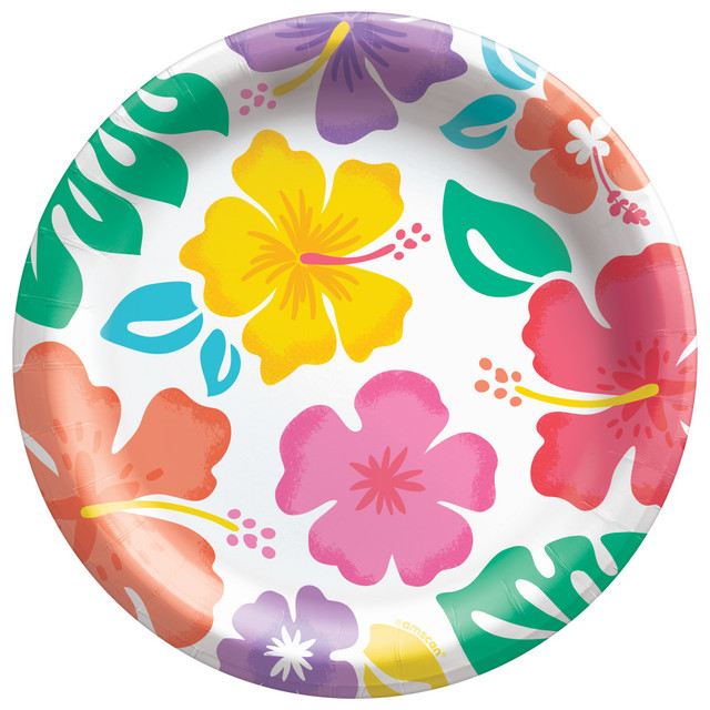 AMSCAN 742735  Summer Hibiscus Round Paper Plates, 6-3/4in, Multicolor, 50 Plates Per Pack, Set Of 2 Packs