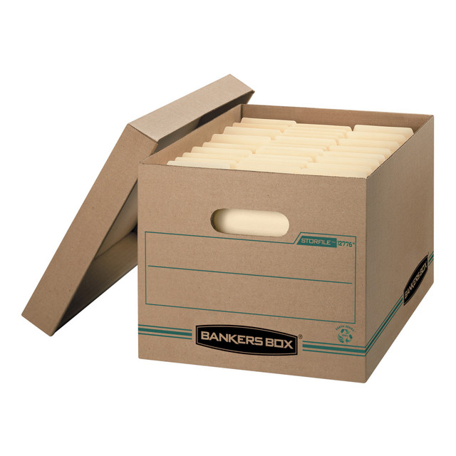 FELLOWES INC. 1277601 Bankers Box Stor/File Standard-Duty Storage Boxes With Lift-Off Lids And Built-In Handles, Letter/Legal Size, 15in x 12in x 10in, Kraft/Green, 100% Recycled, Case Of 12