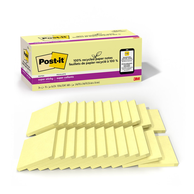 3M CO 654R-24SSCY-CP Post-it Super Sticky Recycled Notes, 24 Pads, 3 in x 3 in, 100% Recycled, 2x the Sticking Power, School Supplies and Office Products, Sticky Notes for Vertical Surfaces, Monitors, Walls and Windows, Canary Yellow