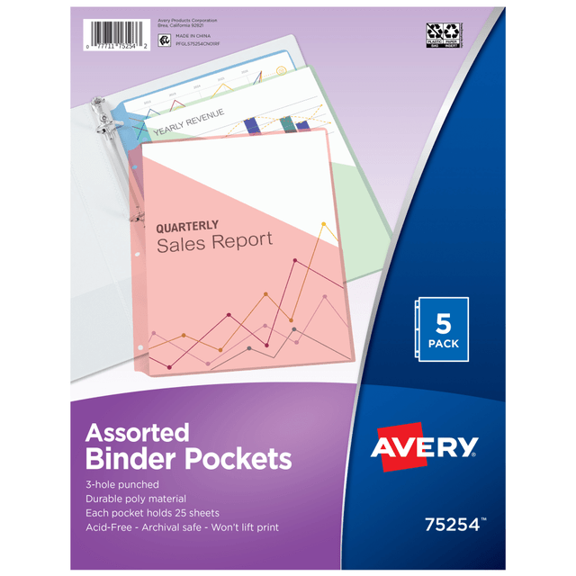 AVERY PRODUCTS CORPORATION 75254 Avery Binder Pockets For 3 Ring Binders, Assorted (Blue, Clear, Green, Pink, Yellow), Pack Of 5 Binder Pockets AVERY PRODUCTS CORPORATION 75254 Avery Binder Pockets For 3 Ring Binders, Assorted (Blue, Clear, Green, Pink, Yellow), Pack Of 5 Binder Pockets