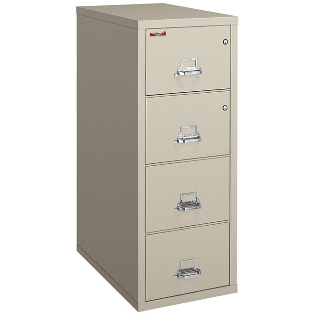 Fireproof vertical cabinet protects your valuable documents  UL Class 350 - rated to withstand fires for up to 1 hour at 350 deg..  Cabinet can be dropped up to 30ft without compromising its integrity.  UL-listed high-security key lock keeps files confidential.  FireKing vertical file cabinet helps you organize your documents.  UL 1-hour, 4-drawers, legal-size (52-3/4inH x 20-7/8inW x 31-5/8inD) vertical file in parchment features White Glove Delivery Service. White Glove Delivery Service. Furniture is delivered and installed in 1 visit within 21 business days with all packaging removed. Some furniture may be delivered partially assembled, requiring on-site assembly by the delivery service. Some areas may take longer than 21 business days.  This product is heavy and/or oversized and may need more than one person to handle.