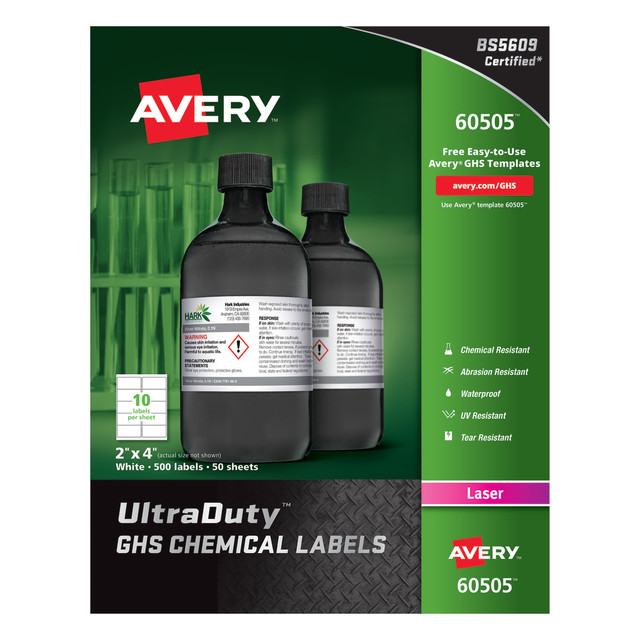AVERY PRODUCTS CORPORATION 60505 Avery UltraDuty GHS Chemical Labels, AVE60505, 2in x 4in, White, Box Of 500 AVERY PRODUCTS CORPORATION 60505 Avery UltraDuty GHS Chemical Labels, AVE60505, 2in x 4in, White, Box Of 500