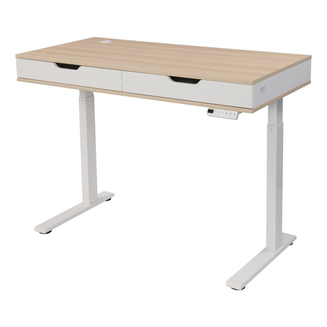 To enhance work productivity and optimize your personal health and wellness needs, the Realspace Smart Electric Height-Adjustable Desk actively works to enable you to sit and stand at the desired heights throughout your workday. The advanced technology lets you set your movement goals, receive reminders from your compatible electronic device, and track your progress. Your power, storage and organization needs are readily handled with the built-in USB ports, front drawers, and cable management compartment.  Smart desk technology pairs your desk to your mobile and tablet devices using the downloadable app.  Electronic lift control adjusts surface from 29-1/2in to 49-1/5in.  Voice control works with Hey Google or Alexa.  Height memory helps you customize up to 4 levels.  Wellness mode lets you set goals, get reminders and track progress.  Built-in power and charging capability with 3 USB ports: 2 type-A and 1 type-C.  Built-in cable management solution accommodates cables, power strips and surge protectors.  Home office desk storage includes 2 front drawers for supplies and accessories.  App Compatibility: works with Android and Apple devices.  Supports 2.4GHz Wi-Fi networks.  Anti-collision system prevents desk from suffering material damage.  Minimal assembly is quick and straightforward with fully assembled top.  Everything included in 1 box for convenient shipping.  Sit/Stand Smart desk with built-in power, USB ports & cable management is great for gaming.  Tested to meet ANSI/BIFMA Performance Standards - Manufacturer testing has been conducted on this product to meet specific performance requirements and safety standards set forth by the American National Standards Institute (ANSI) and the Business and Institutional Furniture Manufacturers.  This product is heavy and/or oversized and may need more than one person to handle.  Interested in in-home assembly? Please call our certified and insured professional assemblers 866-388-4350 today!