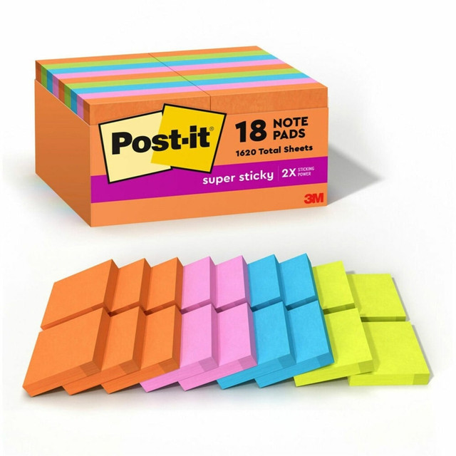 3M CO Post-it 62218SSAUC  Super Sticky Notes - Energy Boost Color Collection - 2in x 2in - Square - 90 Sheets per Pad - Multicolor - Paper - Super Sticky, Adhesive, Recyclable, Residue-free - 1620 / Pack