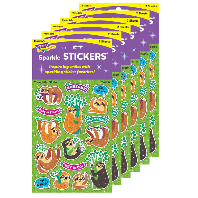 Delight students with fun Trend Thoughtful Sloths Sparkle Stickers. Each sticker is safe for use on homework and photos.  Fun designs are great for students of all ages.  Safe for use on paper and photos.  Acid-free and non-toxic.