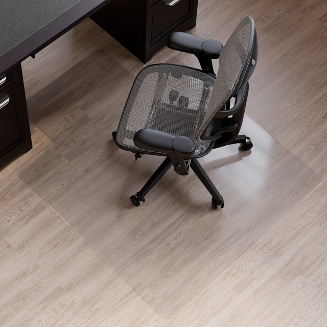 Extend the life of your hard floor surfaces with a Realspace chair mat. Realspace chair mats provide a protective layer between chair wheels and floors, helping to prevent wear in frequently used workstations. Designed with a smooth rolling surface, Realspace chair mats improve comfort by making it easier to move around your workspace. Realspace hard floor chair mats are made with clear vinyl and protect wood, tile, laminate, and other hard floor surfaces from wear.  Durable vinyl construction.  Protects hard floors from wear-and-tear.  Smooth rolling surface.  Lipped shape for extended under desk floor protection.  Designed for use on hard floor surfaces only, do not use on carpet.  Clear rectangular 45inW x 53inD chair mat with wide lip.  GREENGUARD Gold certified  - certified for low chemical emissions: UL.COM/GG - UL 2818. Ranked in two tiers: Certified and Gold.  Tested to meet ANSI/BIFMA Performance Standards - Manufacturer testing has been conducted on this product to meet specific performance requirements and safety standards set forth by the American National Standards Institute (ANSI) and the Business and Institutional Furniture Manufacturers.  Less harsh chemicals - made with fewer harsh chemicals, or safer chemicals than typical alternatives, helping  reduce your use of and exposure to substances that may be more harmful to your health and the environment.