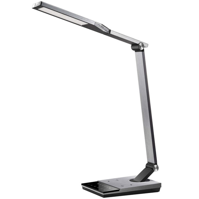 Illuminate your work space for efficiency with this stylish brushed metal WorkPro LED desk lamp with USB and wireless charging. The 6 brightness and 5 color-temperature levels provide versatility, while the touch control panel enables you to make adjustments quickly. This eco-conscious WorkPro LED desk lamp features an adjustable design with a rotatable base, neck and head allowing you to change the direction of light to multiple locations. Easily charge your device with its wireless charger by simply placing your device on the base. In addition, a convenient 2.4amp USB is located at the back of the base so you can charge secondary mobile devices. Other features include memory function, a 1-hour timer and a bonus built-in night light!  Durable brushed metal body with modern design.  2.4-amp USB port and Wireless Charger on lamp base to conveniently power mobile devices.  Adjustable arm, head and base for a wide range of illumination.  5 color temperatures and 6 brightness levels.  Timer function for lamp and built-in night light.  Touch controls with memory function.  Energy-efficient, pre-wired, built in 600 lumen 10-watt LEDs that are not replaceable; however, the bulbs have a rated average life of approximately 50,000 usage hours.  Energy-efficient - designed to use less energy than alternative products, potentially helping you save money and reduce your carbon footprint.  Green rating based on energy efficient light bulb.  Lamp with gray base.  Energy efficient - designed to use less energy than alternative products, potentially helping you save money and reduce your carbon footprint.