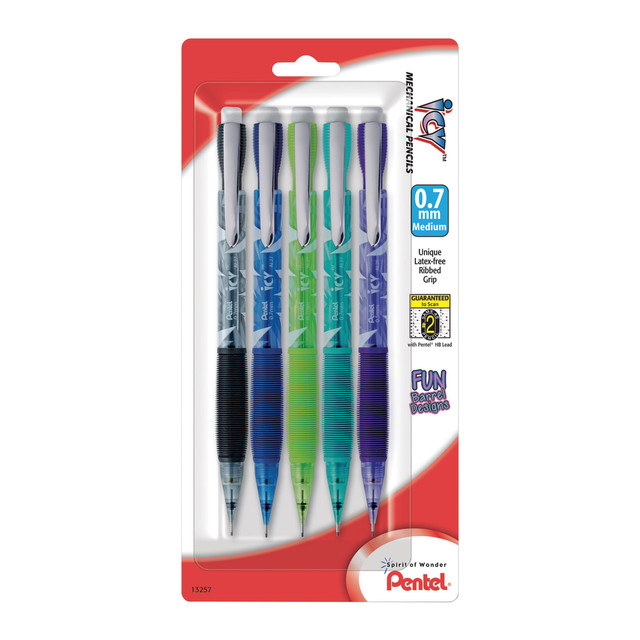 Create quality sketches and drawings with this pack of 0.7mm Pentel Razzle-Dazzle Icy mechanical pencils. The built-in metallic clip provides secure attachment to your shirt pocket or notebook, while the large eraser lets you easily correct mistakes. A 0.7mm tip size produces smooth medium strokes. These refillable Pentel Razzle-Dazzle Icy mechanical pencils are preloaded with Pentel Super Hi-Polymer lead for reliable, break-resistant performance.  Latex-free Comfort Zone grip offers excellent writing control.  Pentel Super Hi-Polymer lead resists breaking.  Large eraser lets you undo mistakes.  0.7mm tip size creates crisp medium strokes.  Pack of 5 mechanical pencils for lasting use.  Refillable - designed to be used repeatedly, helping you avoid single-use disposables and potentially save money.