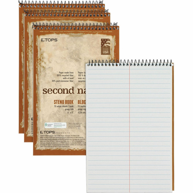 QUALITY PARK PRODUCTS 74690 TOPS Second Nature Spiral Steno Notebook - 70 Sheets - Spiral - 0.34in Ruled - 15 lb Basis Weight - 6in x 9in - 1in x 6in9in - White Paper - Blue, Gray, Brown Cover - Acid-free - Recycled - 4 / Pack