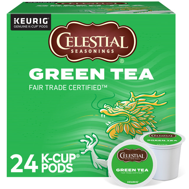 Delivering a smooth, mild flavor, these green tea K-Cup Pods blend together green tea and Bai Mu Dan white tea. The result is a light and mellow cup of tea that you can enjoy whenever.  Leaves are harvested and steamed the same day to ensure freshness. Green tea leaves come from the same plant as traditional black tea, but they are quickly dried to preserve their vibrant color and natural antioxidants.  This blend brings together two delicious, Fair Trade Certified teas. Authentic green tea and delicate Bai Mu Dan white tea create a smooth, balanced cup with a pleasantly mild flavor.  Each pod has a built-in filter - no measuring and no mess.  K-Cup Pods are designed for use in single-cup brewing systems.  Celestial Seasonings green tea comes in a box of 24.  Celestial Seasonings is not affiliated with Keurig or K-Cup. K-Cup is a registered trademark of Keurig Incorporated.