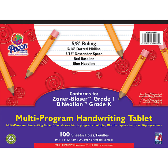 PACON CORPORATION X2480-11980 Pacon Zaner Bloser 1st Grade/d-Nealian Kindergarten Handwriting Paper, 10 1/2in x 8in, 100 Sheets