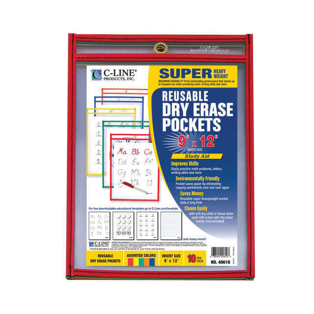 Say goodbye to the days of making hundreds of worksheet copies. With these dry-erase pockets, you can reuse worksheets in all of your classes. Clear surface allows students to see any page you slide underneath.  Saves you time, paper and money.  Low-odor dry-erase marker ink wipes off clean with a soft cloth or tissue. Markers, cloths and tissues sold separately.  Super-heavyweight, clear-vinyl writing surface. Colorful stitched border helps keep students focused on the task at hand.  Accommodates papers 9in x 12in and smaller.  Features metal eyelets for easy hanging.