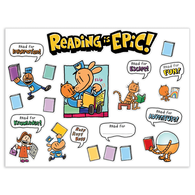 SCHOLASTIC TEACHER RESOURCES 9781338626124 Scholastic Teachers Friend Dog Man Reading Is Epic! Bulletin Board Set, Grades 1 - 5