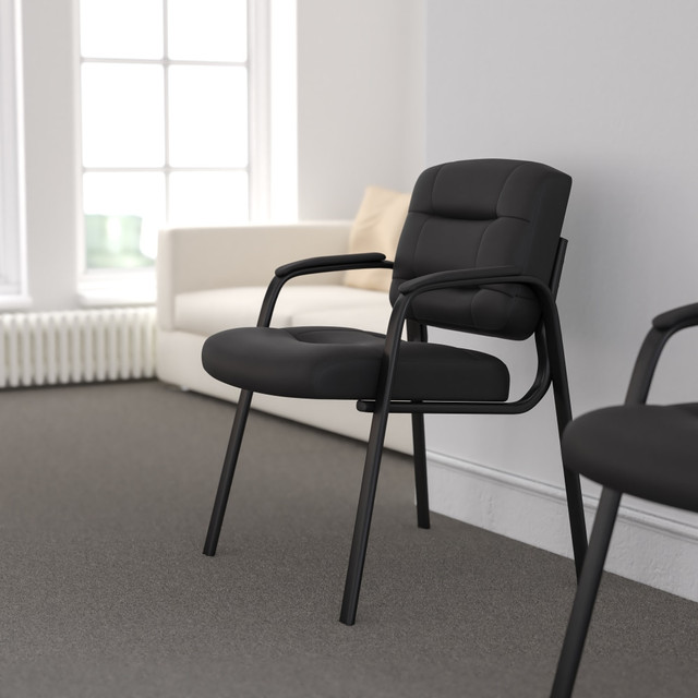 Keep your waiting area comfortable for guests and clients with this modern reception chair. Luxurious LeatherSoft upholstery has a soft, plush feel that guests will appreciate. This reception area chair boasts a padded seat and armrests for maximum comfort and support.  Overall Dimensions: 33-1/2inH x 25-3/4inW x 25-1/2inD.  Weight capacity tested to support 250 lb.  Mid back executive office guest chair.  Fire-retardant foam padding.  LeatherSoft upholstery.  Contoured back and seat.  Padded armrests.  Non-skid floor glides.  Assembly required.  Tested to meet ANSI/BIFMA Performance Standards - Manufacturer testing has been conducted on this product to meet specific performance requirements and safety standards set forth by the American National Standards Institute (ANSI) and the Business and Institutional Furniture Manufacturers.  Faux Leather is a synthetic material. See specs for details.
