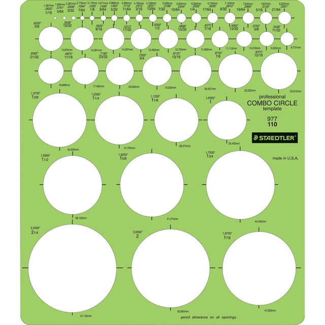 Made from shatter-resistant plastic for a quality work tool  Made from dimensionally stable, .75mm translucent-green shatter-resistant plastic .  Matte finish on one side to reduce glare .  Cut-out identification and ruler scales are printed in easy to read black ink .  Centering lines are printed around the cutouts (where applicable) .  Designed for use with a 0.5mm pencil lead .