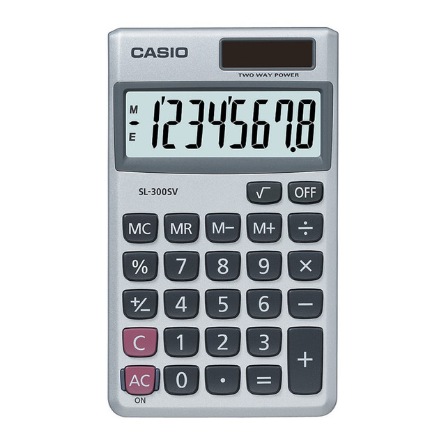 Compact, easy-to-hold size  Versatile, basic calculator in a hand-held size. Features include an independent memory, 8-character display, profit margin function and 3-digit comma markers.  Operates on solar or battery power.  Includes hard case.
