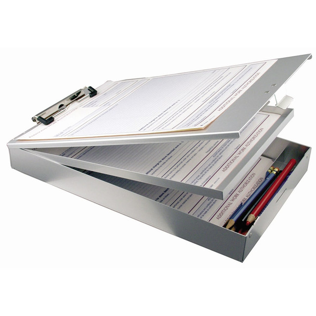 This Office Depot Brand Dual Storage Clipboard is great for storing work reports, books, supplies, and more. Sufficient storage space makes it easy to stay organized.  2 storage compartments offer a total of 1-1/2in capacity, upper tray is removable.  Self-locking latch keeps the compartments securely fastened.  Strong low profile clip with rubber grips holds up to 1/2in paper securely.  Storage space offers a total of 1.5in capacity and includes a compartment for smaller supplies.  Bottom-opening design with self-locking latch to keep compartments securely fastened.  Contains Recycled Content - See Specs for Details.
