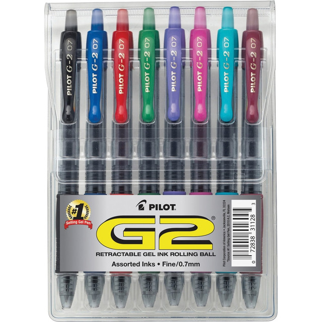 PILOT CORPORATION OF AMERICA 31128 Pilot G2 Retractable Gel Pens, Fine Point, 0.7 mm, Clear Barrels, Assorted Ink, Pack Of 8 Pens