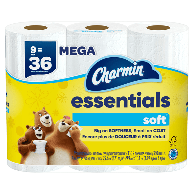 THE PROCTER & GAMBLE COMPANY Charmin 04536  Essentials Soft Mega 2-Ply Toilet Paper Rolls, 4in x 4-1/2in, 330 Sheets Per Roll, White, Pack Of 9 Rolls