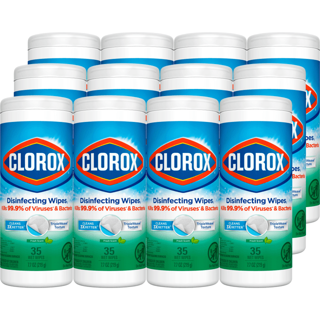 THE CLOROX COMPANY 01593-CT Clorox Disinfecting Bleach Free Cleaning Wipes, Fresh Scent, 35 Wipes Per Canister, Box Of 12 Canisters THE CLOROX COMPANY 01593-CT Clorox Disinfecting Bleach Free Cleaning Wipes, Fresh Scent, 35 Wipes Per Canister, Box Of 12 Canisters