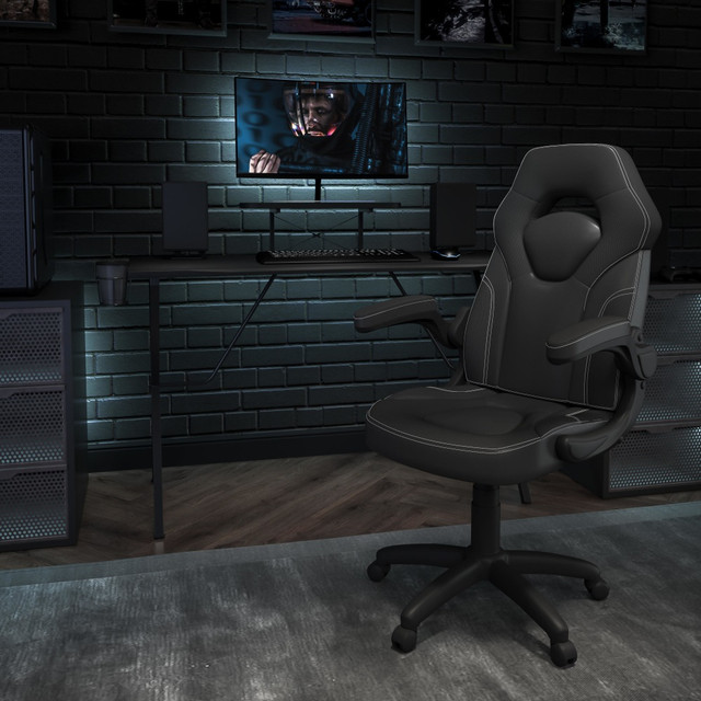 FLASH FURNITURE BLNX10RSG1031BK Gaming Desk And Racing Chair Set With Cup Holder, Headphone Hook and Monitor/Smartphone Stand, Black FLASH FURNITURE BLNX10RSG1031BK Gaming Desk And Racing Chair Set With Cup Holder, Headphone Hook and Monitor/Smartphone Stand, Black