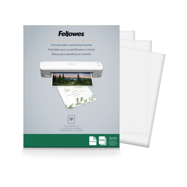 Give your certificates durable protection with this 100-pack of Fellowes thermal laminating pouches. The waterproof seal safeguards documents from water splashes and wet hands, while the high-quality clear finish boosts visibility and provides a lasting shield. A pack of 100 sheets easily keeps up with your lamination demands. These Fellowes thermal laminating pouches are dry-erase friendly to retain corrections on documents, and the letter-size design is compatible with most thermal laminators.  Compatible with all thermal laminators.  Heat lamination ensures lasting protection.  Clear finish boosts visibility.  Letter size for compatibility with most laminators.  Photo-safe and dry-erase friendly permanent shield.