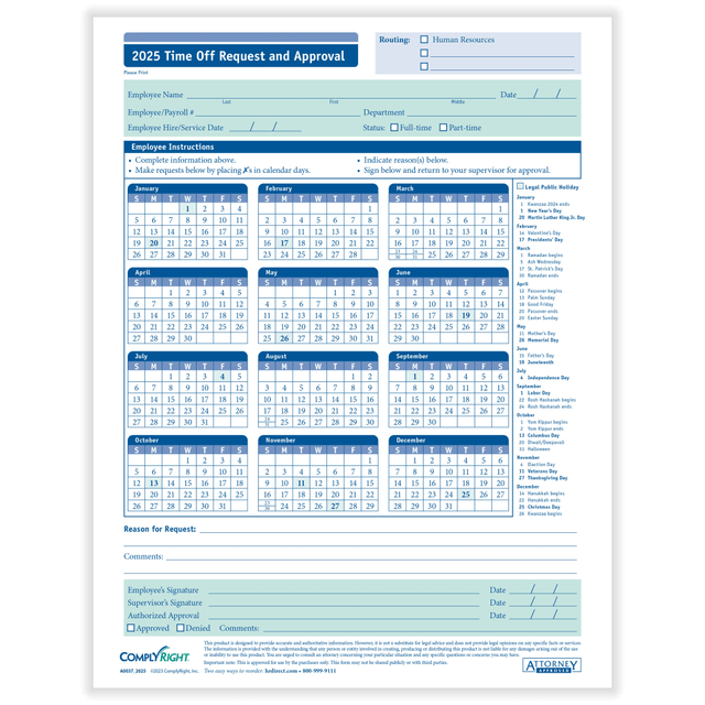 TAX FORMS PRINTING, INC. A0037 ComplyRight 2024 Time Off Request And Approval Calendars, 8 1/2in x 11in, Pack Of 50